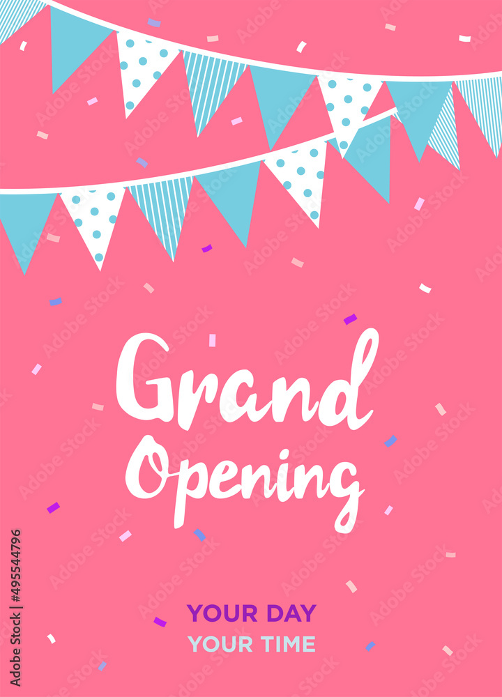 Grand opening. Vector flyer template. Cute lettering on pink backdrop with light blue flags and confetti