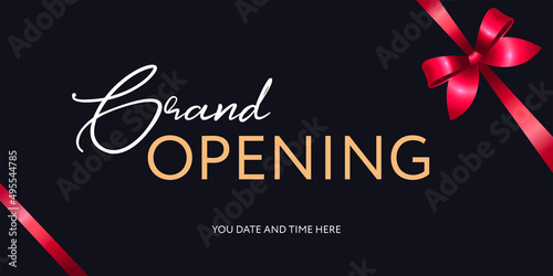 Grand opening. Vector design template. Elegant lettering on dark blue backdrop with red ribbon with bow