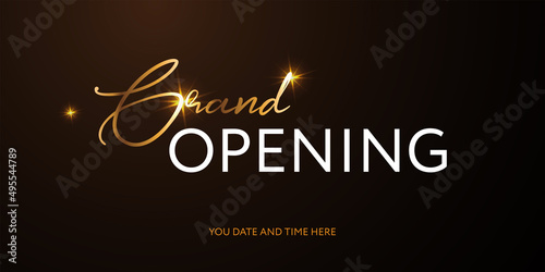 Grand opening. Vector illustration in luxury style. Gold glowing lettering on dark brown background photo