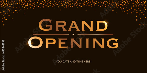 Grand opening. Vector illustration. Gold retro styled inscription with confetti on dark backdrop