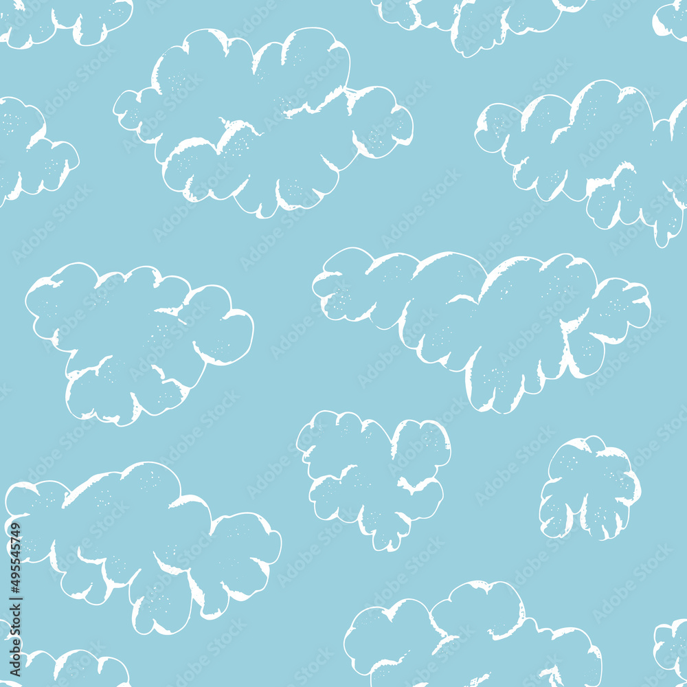 Cute seamless pattern with hand drawn outline white clouds on blue sky. Tender cloudscape pattern for kids textile, wrapping paper, weather surface design, background Cute seamless pattern with hand drawn outline white clouds on blue sky. Tender cloudscape pattern for kids textile, wrapping paper, weather surface design, background