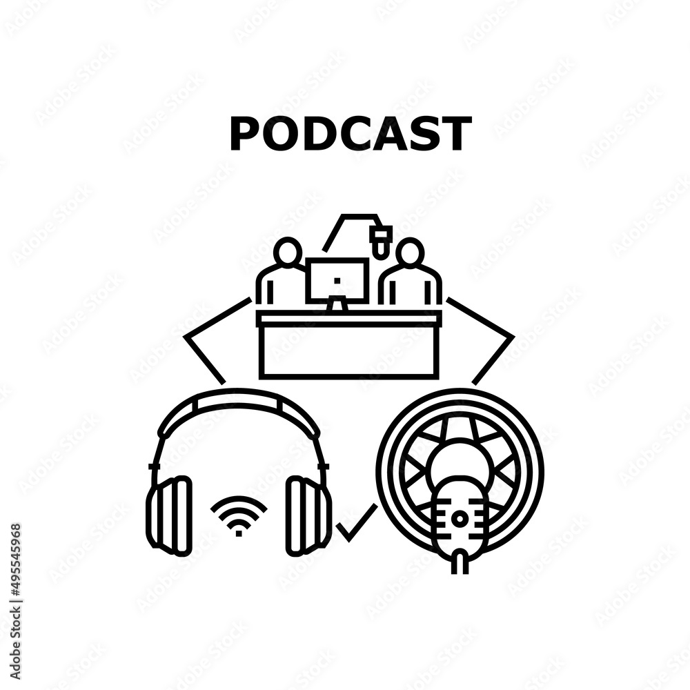 Podcast Radio Vector Icon Concept. Podcaster Making Audio Podcast Radio, Podcasting In Studio Microphone Electronic Device, Listening Media Content In Headphones Black Illustration