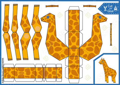 Craft cut and glue paper a giraffe. Create 3d animals toy. Children birthday papercraft template worksheet activity gaming page. Vector kids art puzzle game.