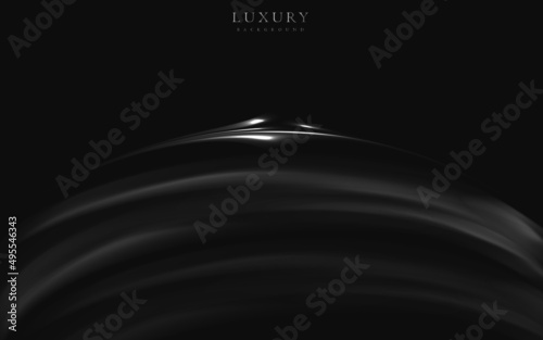 Smooth shiny silk fabric texture, deep black color flow swirl. Silver metallic element.