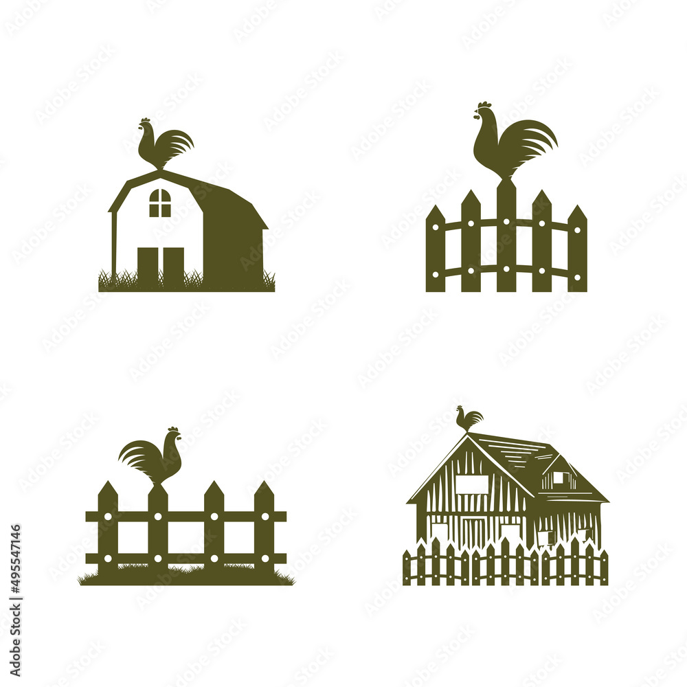 chicken farm logo vector illustration design, rooster on fence vintage logo design