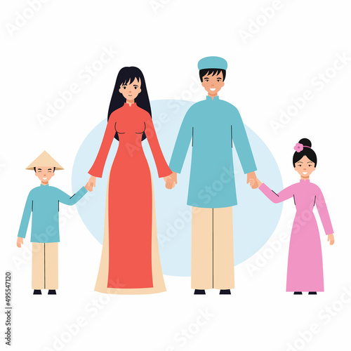 Happy family from Vietnam holding hands. Vietnamese children. Asian people in traditional clothes.