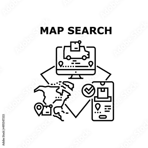 Map Search App Vector Icon Concept. Map Search Application For Tracking Order Online, Worldwide Shipment Search Package On Computer Display. Delivery Service Monitoring Black Illustration