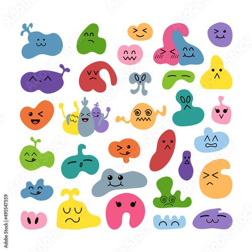 Set of cute doodle characters of different shape, color and size, with various emotions