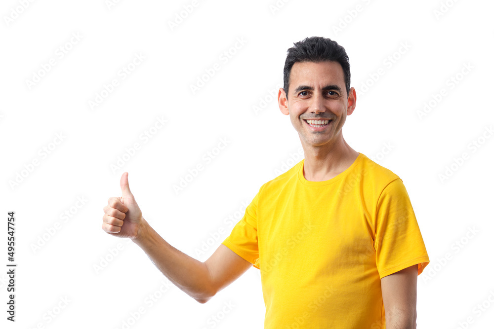 smiling dark-haired forty-year-old man raising the finger of his right hand smiling dark-haired forty-year-old man raising the finger of his right hand