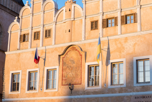 Prague, Czech Republic - 03.28.2022: An Ukrainian flags is hung in support of Ukrainians protecting their country from russians.