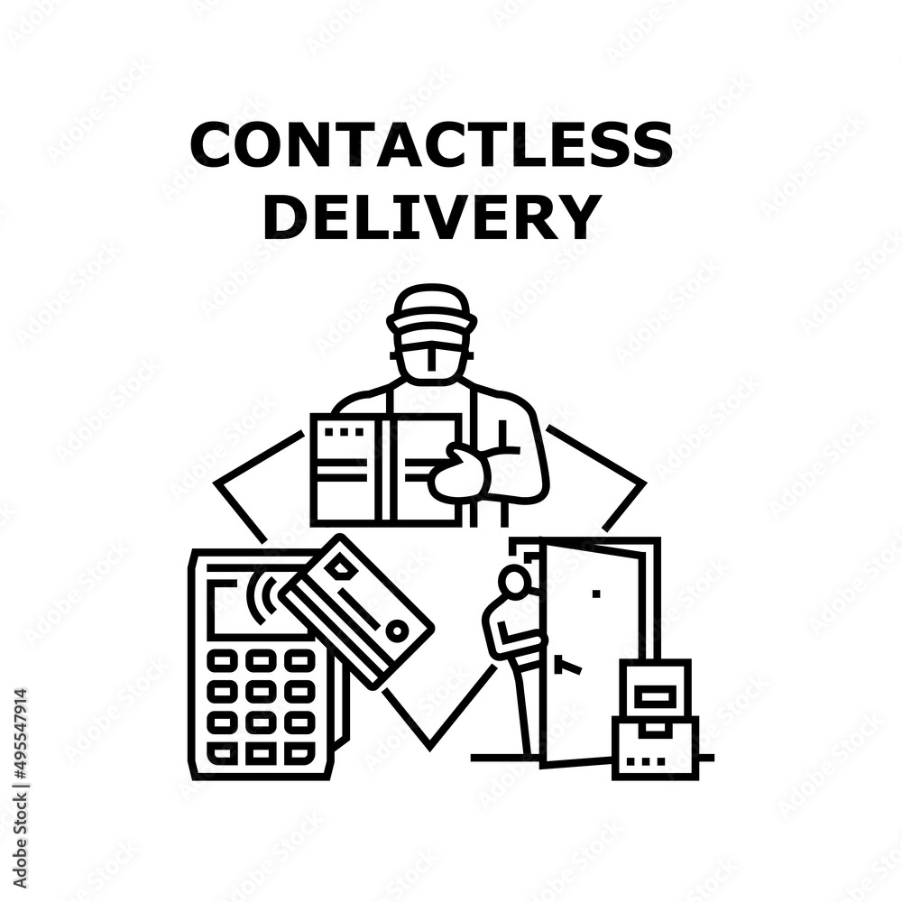 Contactless Delivery Vector Icon Concept. Contactless Delivery And Payment Goods And Product, Courier Delivering Cardboard Box At Customer Home Door. Shipment Service Black Illustration