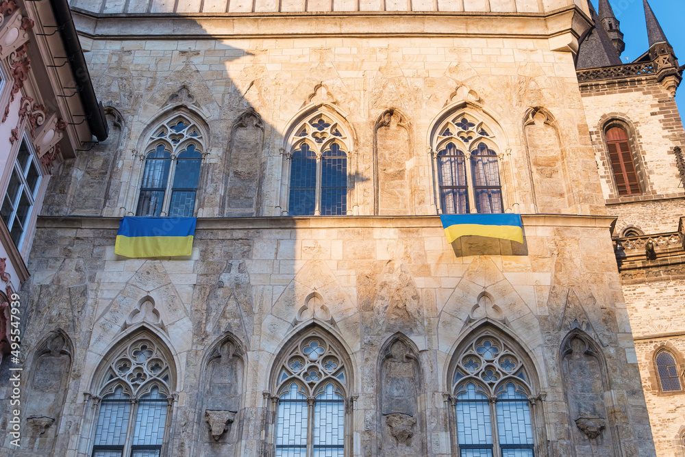 Prague, Czech Republic - 03.28.2022: An Ukrainian flags is hung in support of Ukrainians protecting their country from russians.