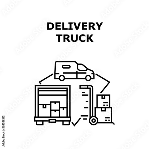 Delivery Truck Vector Icon Concept. Delivery Truck For Quickly Transportation Parcel Cardboard To Or Customer, Cart Equipment For Carrying Box In Storage Warehouse Black Illustration