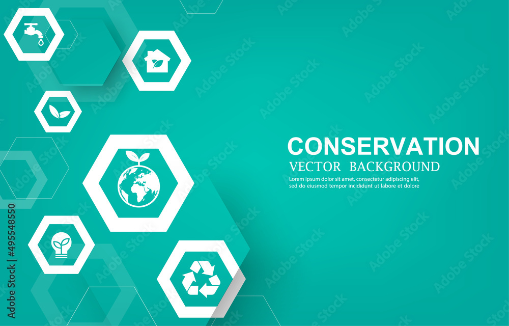 Vector geometric hexagon shape with conservation icons on green background Vector geometric hexagon shape with conservation icons on green background