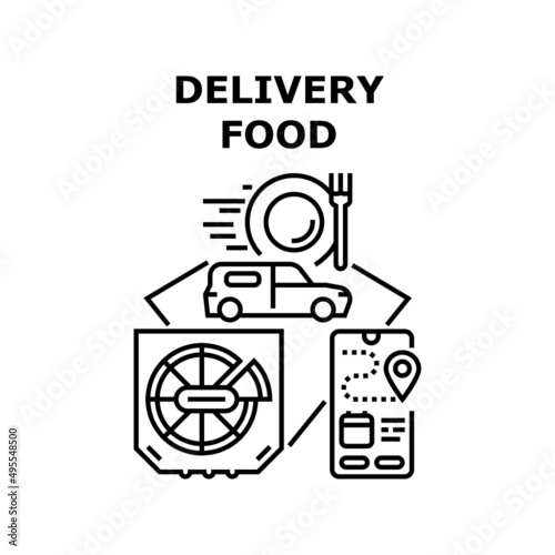 Delivery Food Vector Icon Concept. Delivery Food Service For Fast Delivering Pizza Nutrition Dish To Customer From Restaurant And Cafe, Mobile Phone App For Order Online Monitoring Black Illustration