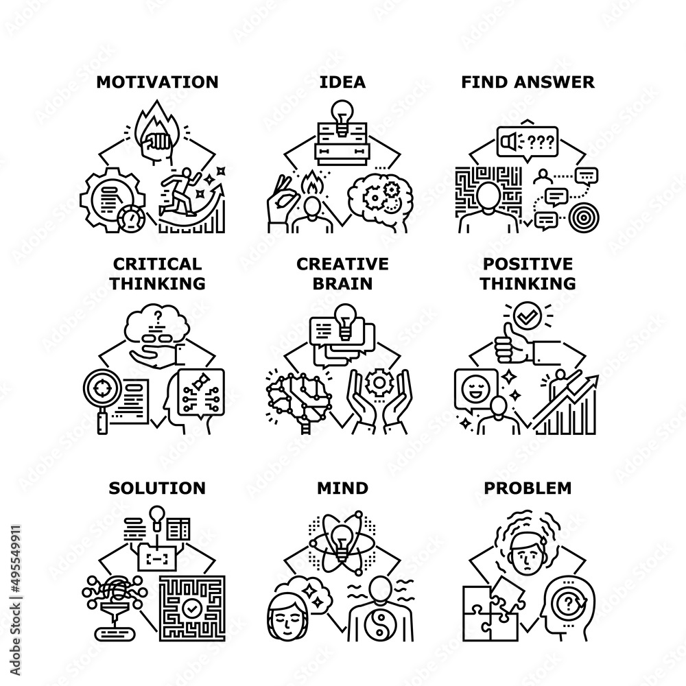 Creative Brain Set Icons Vector Illustrations. Creative Brain And Motivation, Positive And Critical Thinking, Find Answer And Solution Problem, Mind And Business Idea Black Illustration