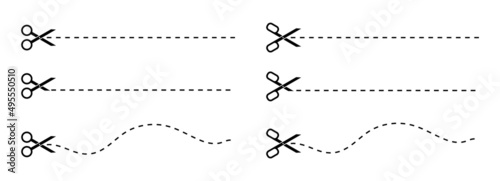 Cut lines with scissors for paper and coupon. Dashed and dotted lines for trimming on white. Vector. Symbols and signs of snip on border for tailor