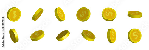Gold dollar coins with animation for game. 3d cartoon icons with animation of turn and flip set. Vector. Circle money for casino UI illustration
