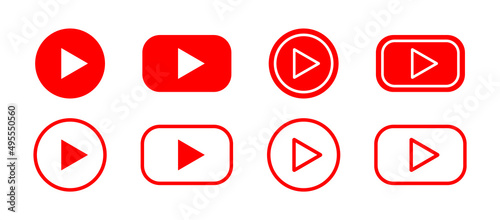 Play button icons. Vector red video player symbols. Flat movie, live social media arrow logos for web isolated. Watch, music, record, audio start.Graphic circle, round digital stream for website view