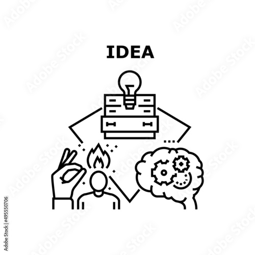 Idea Searching Vector Icon Concept. Businessman Thinking And Idea Searching For Success Startup. Brain Working Process For Creation And Planning Business Or Goal Achievement Black Illustration