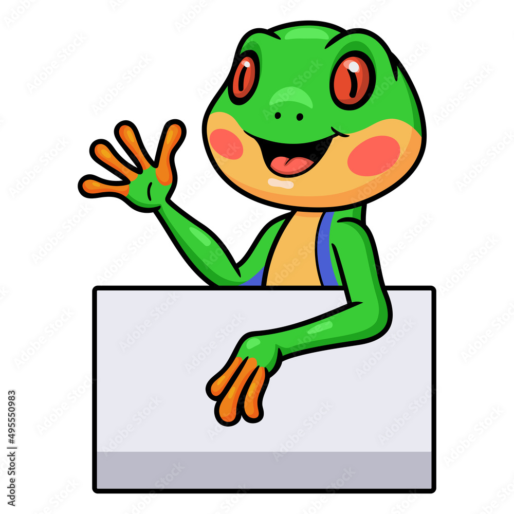 Obraz premium Cute little frog cartoon with blank sign