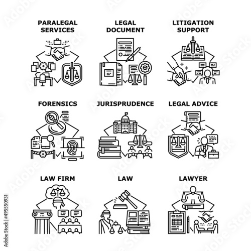 Jurisprudence Help Set Icons Vector Illustrations. Jurisprudence Litigation Support And Legal Advice, Law Firm And Paralegal Services, Lawyer Document And Forensics Black Illustration