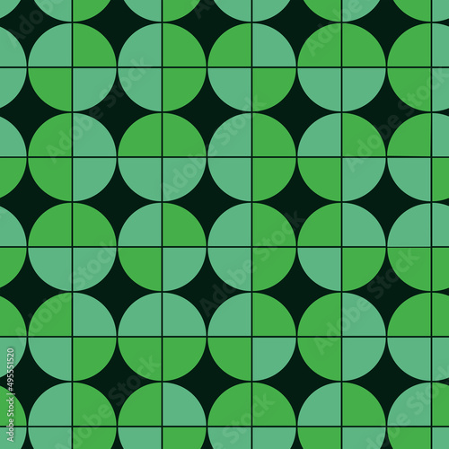 Mid century modern geometric circles seamless pattern in green over black background . Great for home décor, textile and wallpaper	