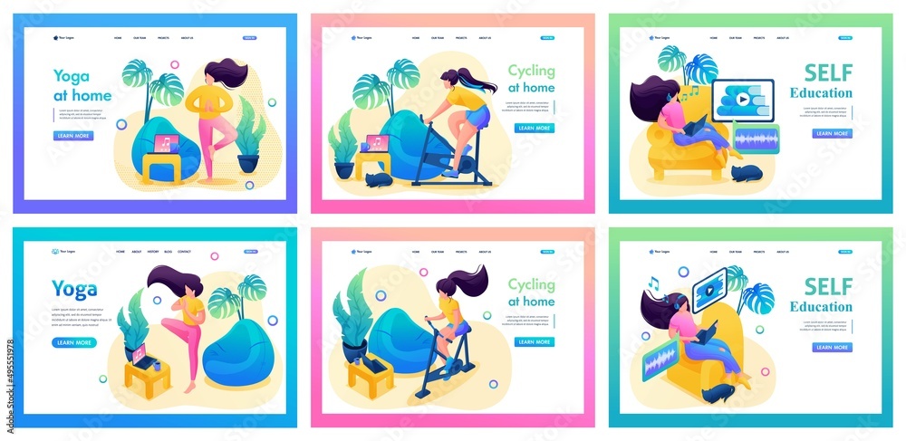 Set of landing pages about self-isolation. Isometric 3D and 2D illustrations. Girl works out on the simulator at home, did yoga, reads books online