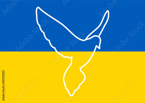 kontury wzlatującego gołąbka pokoju na tle flagi Ukrainy. Symbol pokoju. Stop wojnie. Wsparcie dla Ukrainy. Ilustracja wektorowa niebieska i żółta.