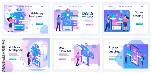 Set of landing pages for working with mobile app. Isometric 3D and 2D illustrations. Creating an application, Super Testing, mobile app development