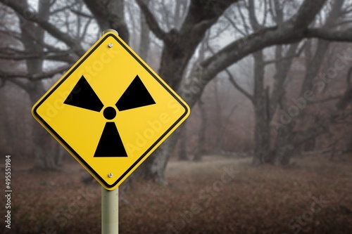 Nuclear radioactive danger sign in forest in exclusion zone.