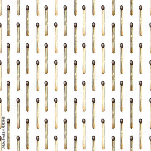 Watercolor illustration of matchstick pattern. Get the flame. Light the fire. Burnt wooden stick. Hand drawn doodles. Isolated on white background. Drawn by hand.