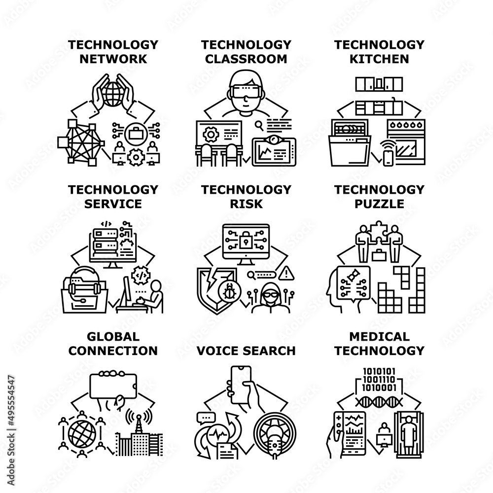 Technology Service Set Icons Vector Illustrations. Technology Service And Risk, Network And Connection, Medical Electronic Equipment And Puzzle, Classroom And Kitchen Black Illustration