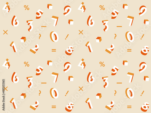 数字をちりばめたシームレスパターン　オレンジ色背景