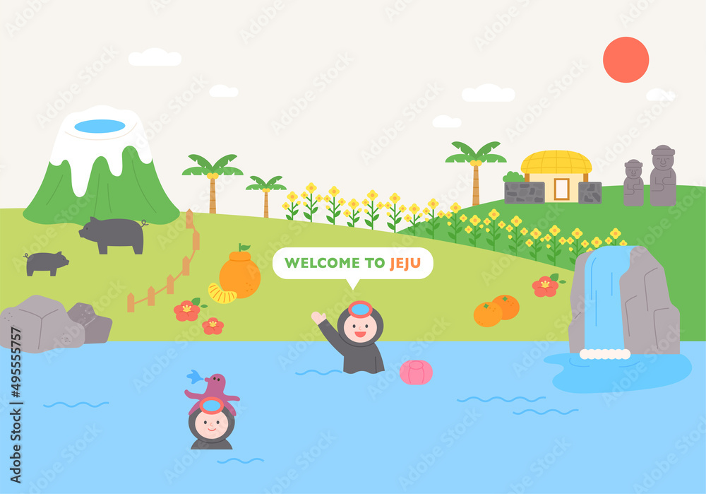 Obraz premium Haenyeo say hello to the natural scenery of Jeju Island. flat design style vector illustration.