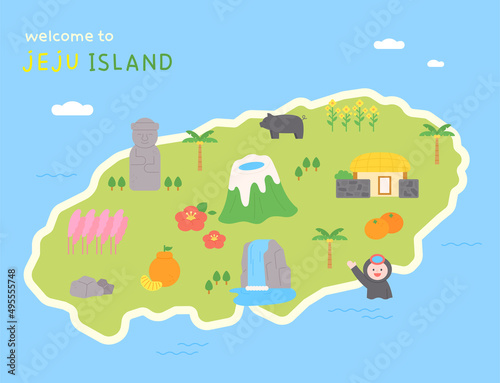 Jeju Island map and iconic icons. flat design style vector illustration.