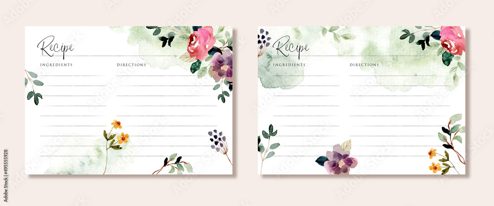© wulano - recipe card with beautiful watercolor floral © wulano - recipe card with beautiful watercolor floral