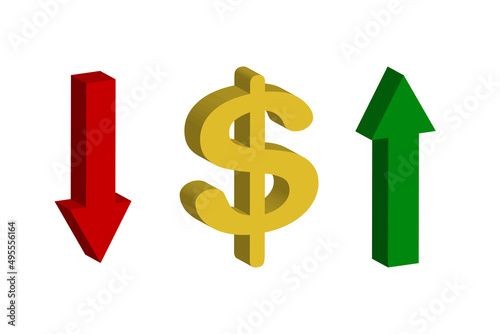 Dollar sign up down in flat style. Finance isometric. Business financial investment. Vector illustration. stock image.
