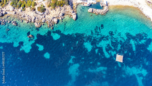 Fototapeta Naklejka Na Ścianę i Meble -  An immaculate blue sea and cove,.Karaburun - Balikliova - Izmir - Turkey. Top view with drone.