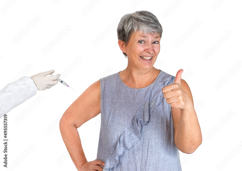 Patient showing thumbs up doctor to make vaccine isolated Patient showing thumbs up doctor to make vaccine isolated