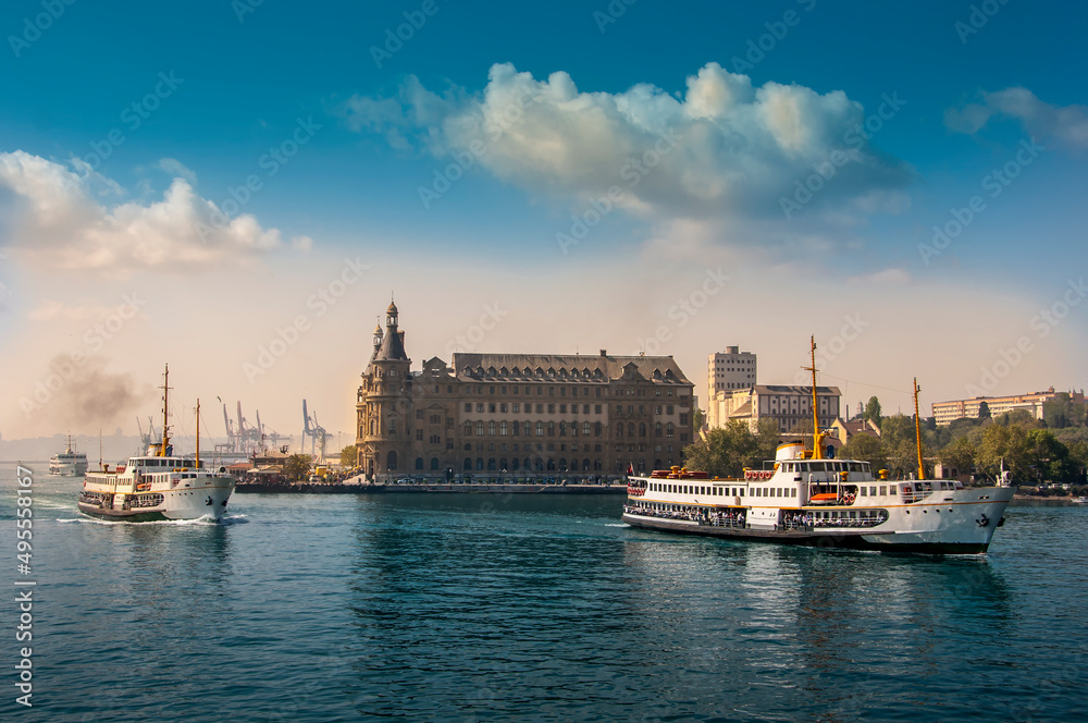 City lines passenger ferry, one of the symbols of Istanbul and Historical Haydarpasa Train Station