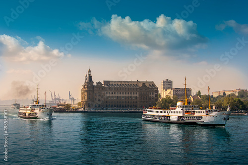City lines passenger ferry, one of the symbols of Istanbul and Historical Haydarpasa Train Station