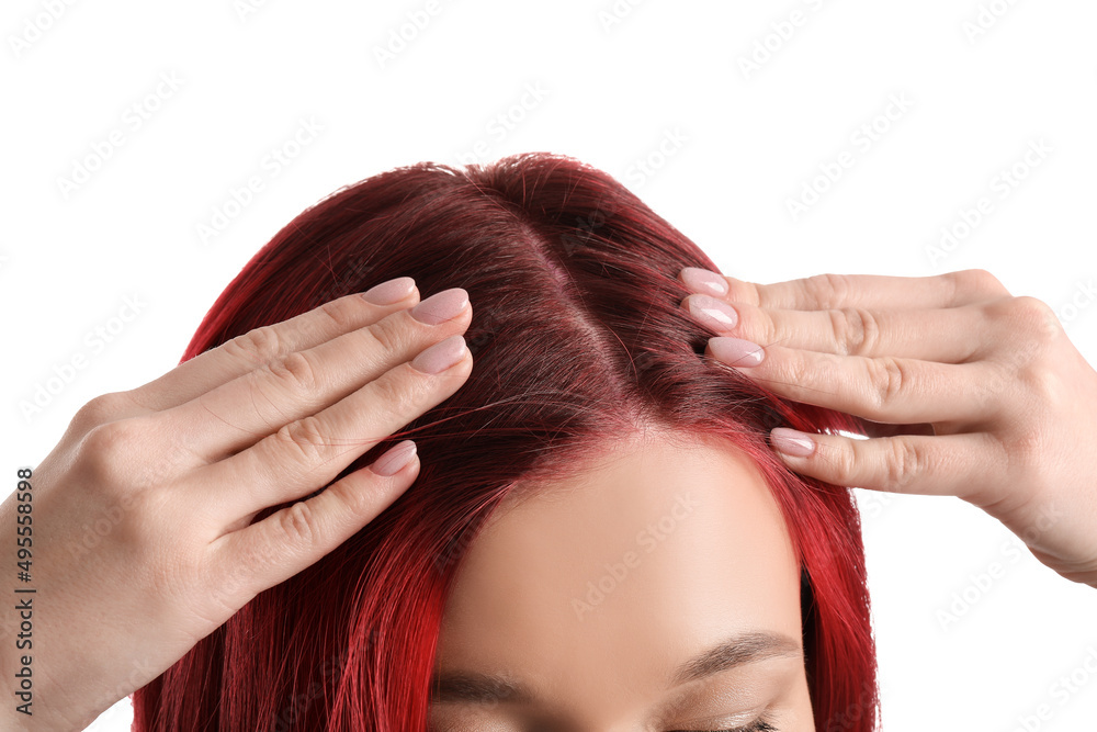 Fototapeta premium Beautiful young woman with bright hair isolated on white, closeup