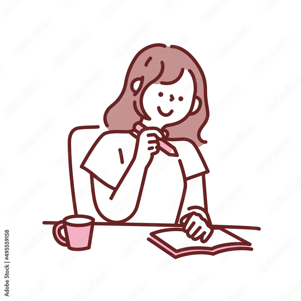 計画を立てる時のイラスト(考える、読書、日記、勉強、書く、驚く、学ぶ) Illustrations for planning: thinking, reading, diary, studying, writing, being surprised, learning. 計画を立てる時のイラスト(考える、読書、日記、勉強、書く、驚く、学ぶ) Illustrations for planning: thinking, reading, diary, studying, writing, being surprised, learning.