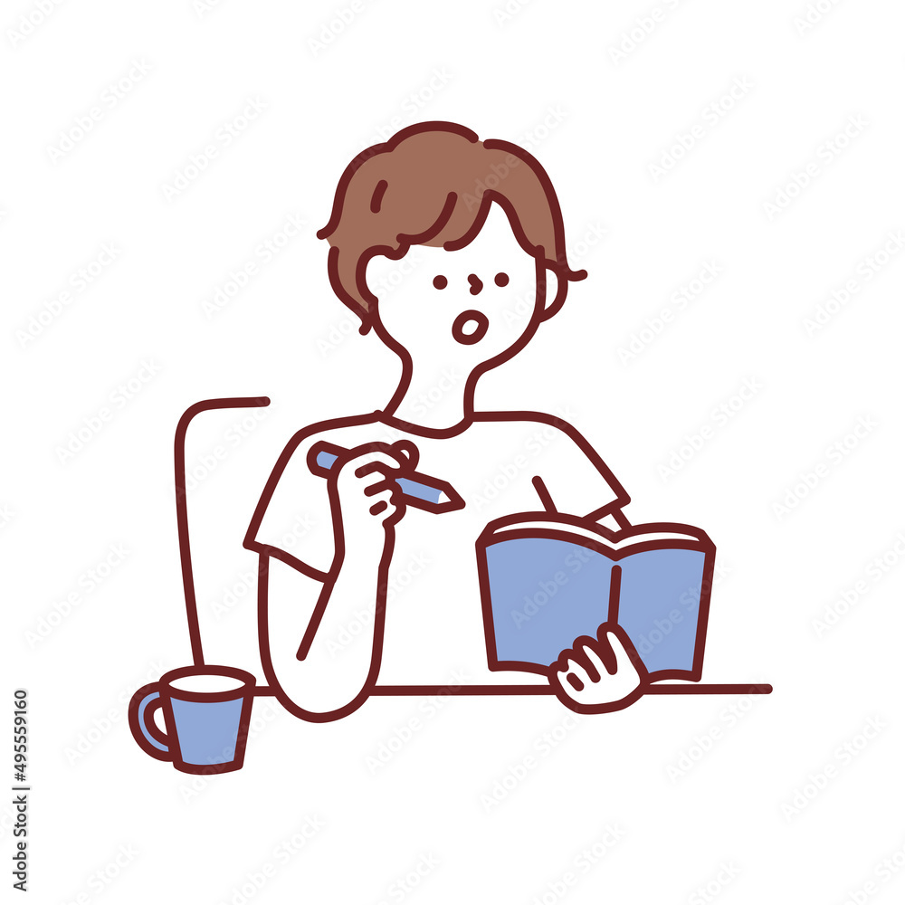 計画を立てる時のイラスト(考える、読書、日記、勉強、書く、驚く、学ぶ) Illustrations for planning: thinking, reading, diary, studying, writing, being surprised, learning. 計画を立てる時のイラスト(考える、読書、日記、勉強、書く、驚く、学ぶ) Illustrations for planning: thinking, reading, diary, studying, writing, being surprised, learning.