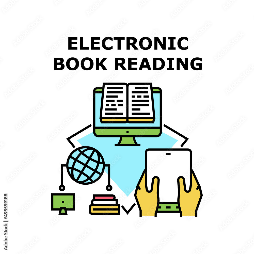 Electronic Book Reading Vector Icon Concept. User Electronic Book Reading Online On Computer Monitor And Digital Tablet Screen. Worldwide Network Internet Library E-book Color Illustration