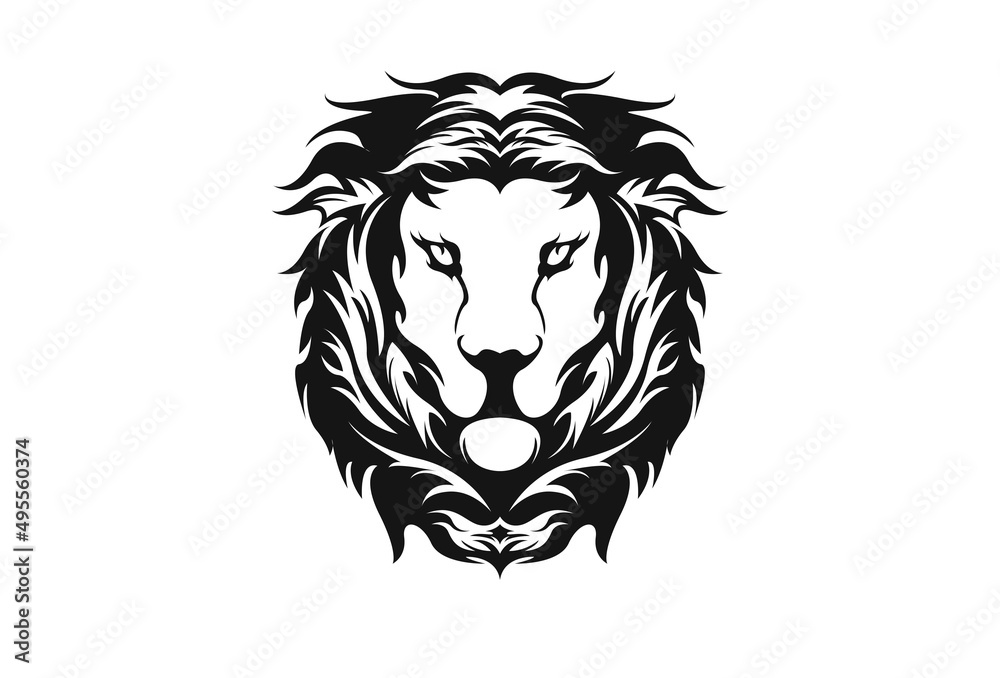 A Lion head logo in black and white. This is vector illustration ideal for a mascot and tattoo or T-shirt graphic.