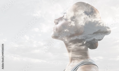 Multiple exposure clouds Woman mental health and weather dependent concept.