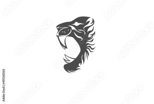 A Lion head logo in black and white. This is vector illustration ideal for a mascot and tattoo or T-shirt graphic.