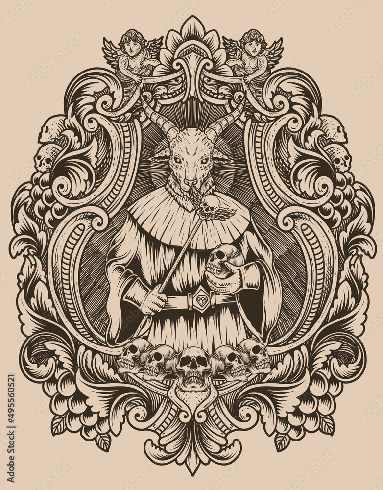 illustration scary baphomet on engraving ornament frame